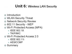 Unit 6 Wireless LAN Security Introduction WLAN Security