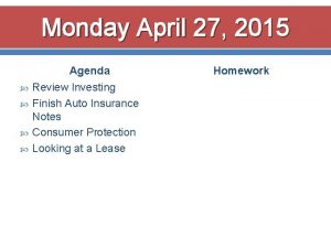 Monday April 27 2015 Agenda Review Investing Finish