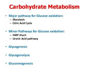 Carbohydrate Metabolism Major pathway for Glucose oxidation Glycolysis