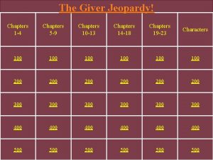 The Giver Jeopardy Chapters 1 4 Chapters 5