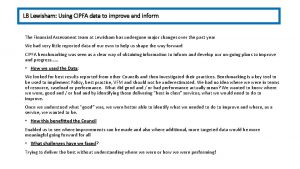 LB Lewisham Using CIPFA data to improve and