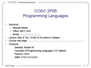 COSC 2 P 05 Programming languages COSC 2