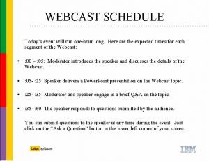 WEBCAST SCHEDULE Todays event will run onehour long