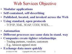 Web Services Objective Modular applications Selfcontained selfdescribing Published