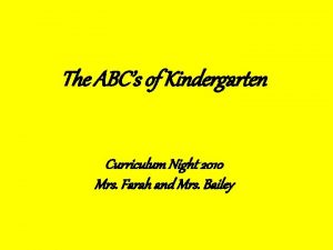 The ABCs of Kindergarten Curriculum Night 2010 Mrs