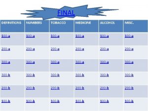 FINAL DEFINITIONS NUMBERS TOBACCO MEDICINE ALCOHOL MISC 100