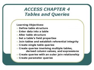 ACCESS CHAPTER 4 Tables and Queries Learning Objectives