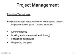 Project Management Planning Techniques Project manager responsible for