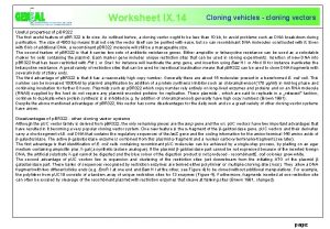 Worksheet IX 14 Cloning vehicles cloning vectors Useful