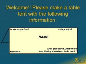 Welcome Please make a table tent with the