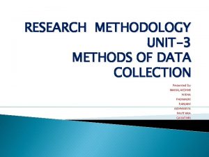 RESEARCH METHODOLOGY UNIT3 METHODS OF DATA COLLECTION Presented