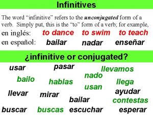 Infinitives The word infinitive refers to the unconjugated