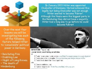 In January 1933 Hitler was appointed Chancellor of