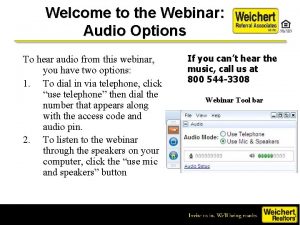 Welcome to the Webinar Audio Options To hear