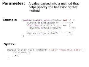 Parameter Example A value passed into a method