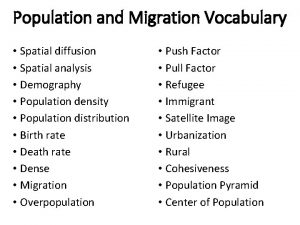 Population and Migration Vocabulary Spatial diffusion Spatial analysis