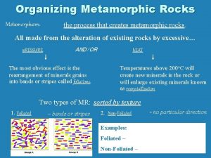 Organizing Metamorphic Rocks Metamorphism the process that creates