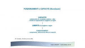 FUNZIONAMENTI e CAPACIT Nussbaum CAPACIT potenzialit cfr Aristotele